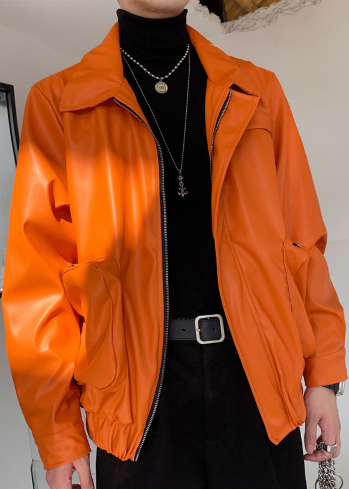 Simple Orange Zippered Pockets Faux Leather Mens Coats Spring RN031 ABC