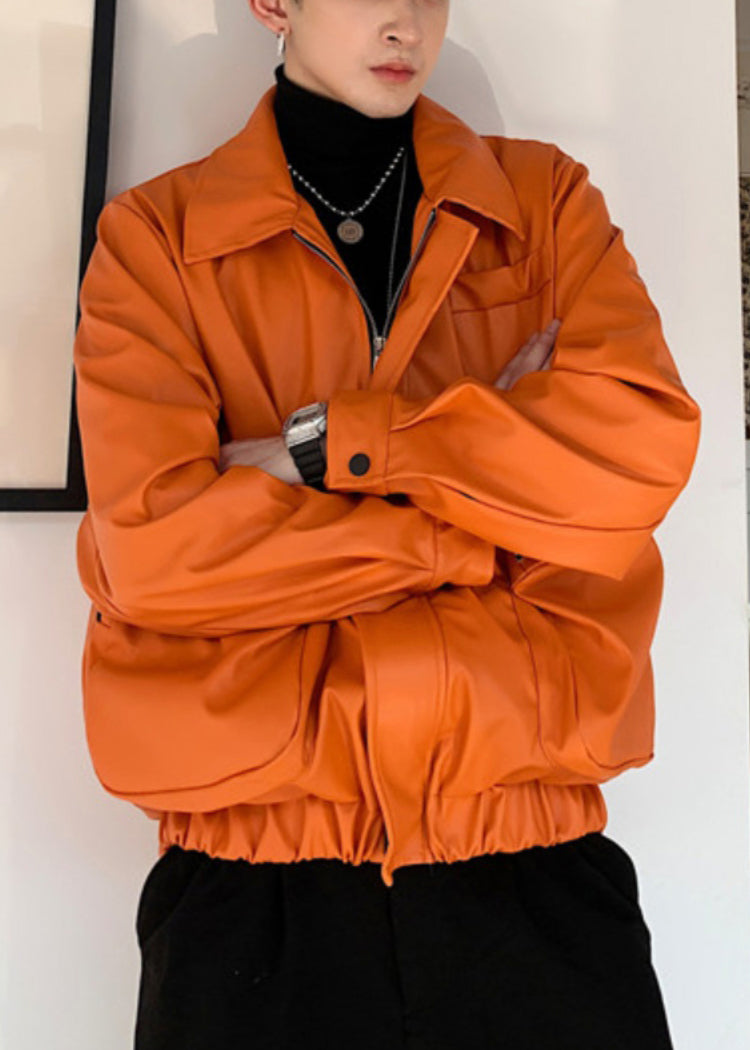 Simple Orange Zippered Pockets Faux Leather Mens Coats Spring RN031 ABC