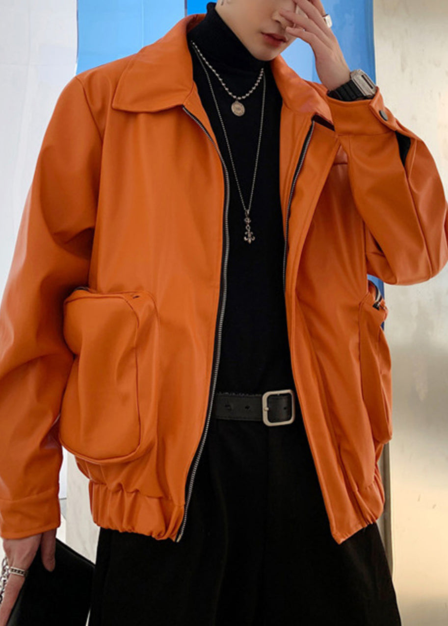Simple Orange Zippered Pockets Faux Leather Mens Coats Spring RN031 ABC