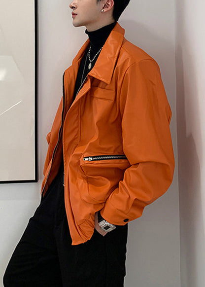 Simple Orange Zippered Pockets Faux Leather Mens Coats Spring RN031 ABC