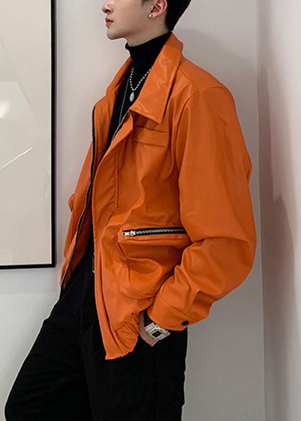 Simple Orange Zippered Pockets Faux Leather Mens Coats Spring RN031 ABC