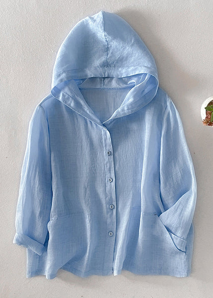 Fall Pockets Pink Simple Button Cotton Hooded Shirt FashionChic