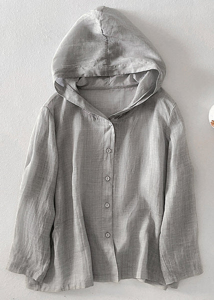 Fall Pockets Pink Simple Button Cotton Hooded Shirt FashionChic