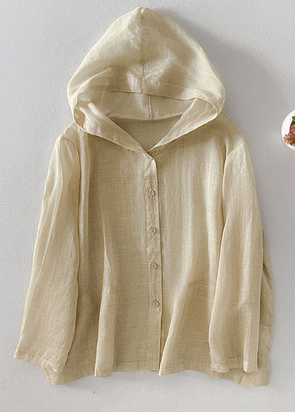 Fall Pockets Pink Simple Button Cotton Hooded Shirt FashionChic