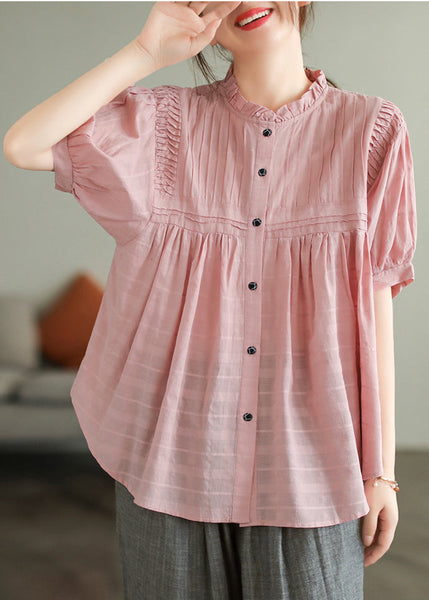Top Oversized Blouse Simple Pink Summer Wrinkled Cotton FashionChic