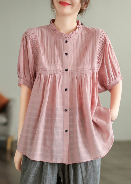 Top Oversized Blouse Simple Pink Summer Wrinkled Cotton FashionChic