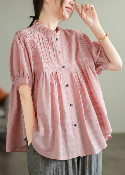 Top Oversized Blouse Simple Pink Summer Wrinkled Cotton FashionChic