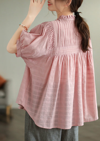 Top Oversized Blouse Simple Pink Summer Wrinkled Cotton FashionChic
