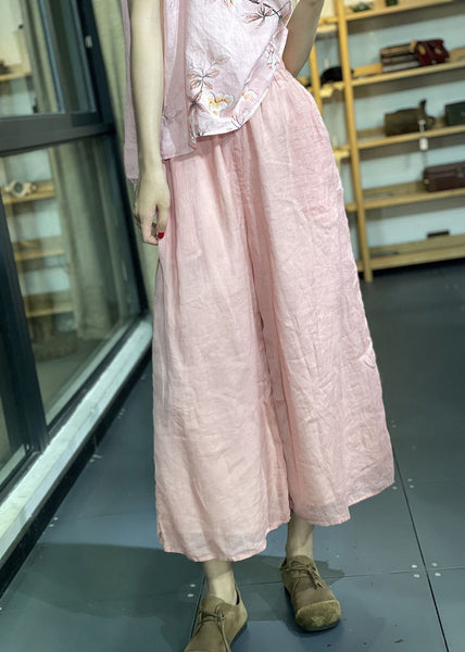 Simple Pink Pockets Elastic Waist Crop Pants Summer UU1014 SH-LF-CPTS240526