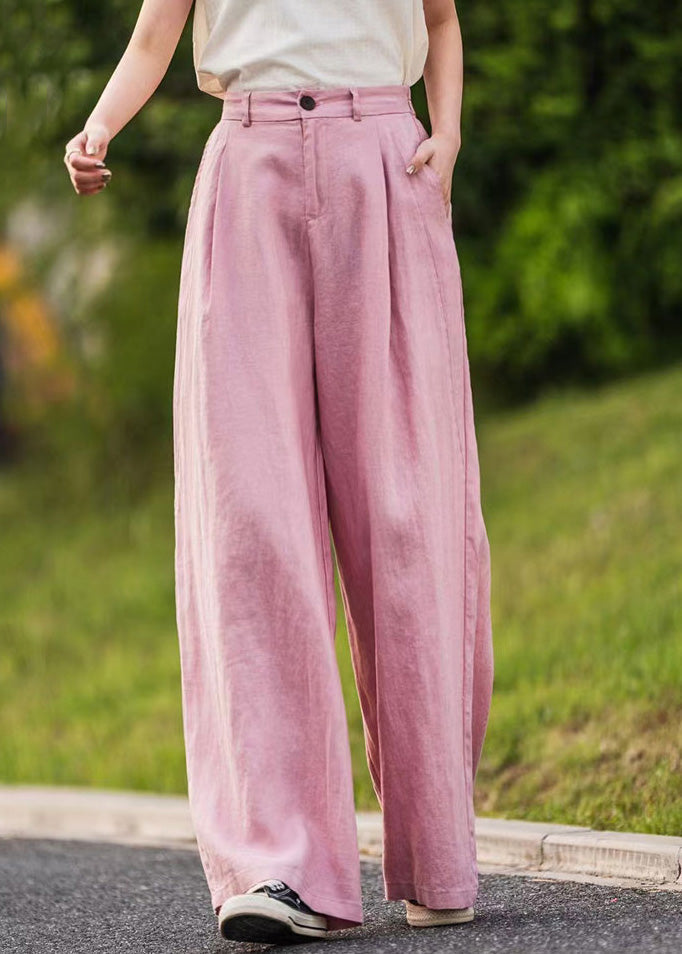 Waist Straight Pink Pants Summer Pockets High Linen Simple FashionChic