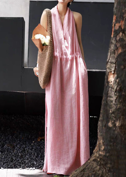 Long Waist Tie Pockets Dresses Simple Linen Pink Sleeveless FashionChic
