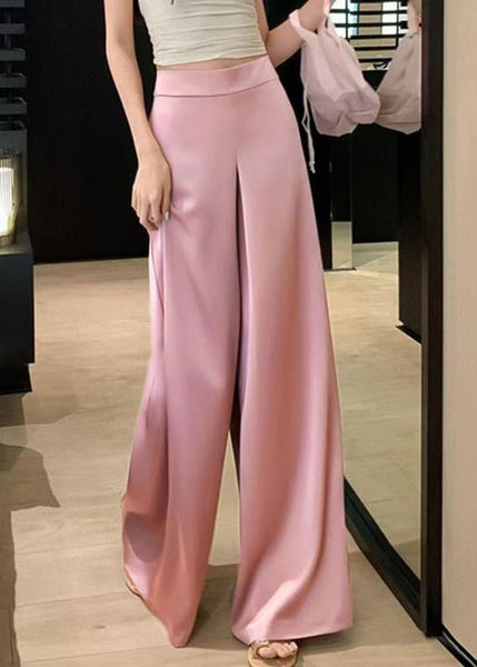 Silk High Solid Summer Waist Pants Wide Pink Simple Leg FashionChic
