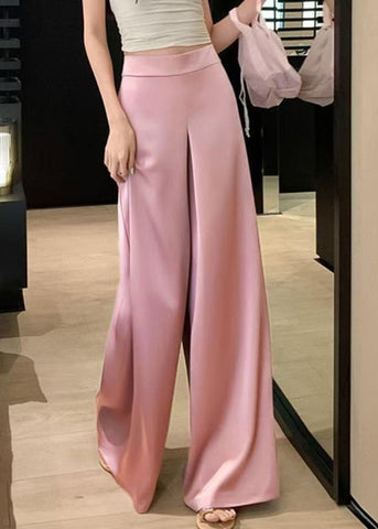 Silk High Solid Summer Waist Pants Wide Pink Simple Leg FashionChic
