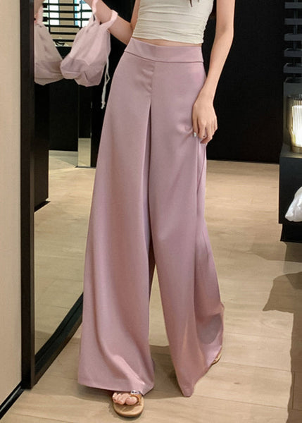 Silk High Solid Summer Waist Pants Wide Pink Simple Leg FashionChic