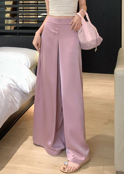Silk High Solid Summer Waist Pants Wide Pink Simple Leg FashionChic
