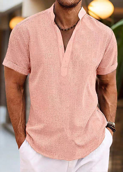 Simple Mens Cotton Shirt Collar Stand Pink Button Summer FashionChic