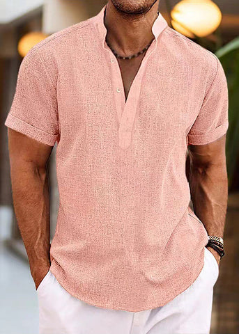 Simple Mens Cotton Shirt Collar Stand Pink Button Summer FashionChic