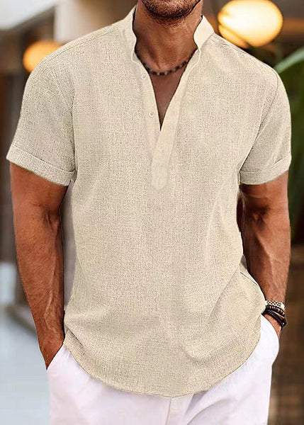 Simple Mens Cotton Shirt Collar Stand Pink Button Summer FashionChic