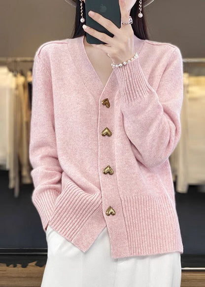 Pink Cozy Neck Coat Spring Button Simple Knit V FashionChic