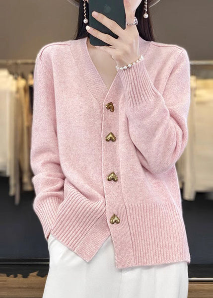 Pink Cozy Neck Coat Spring Button Simple Knit V FashionChic
