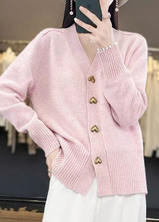 Pink Cozy Neck Coat Spring Button Simple Knit V FashionChic