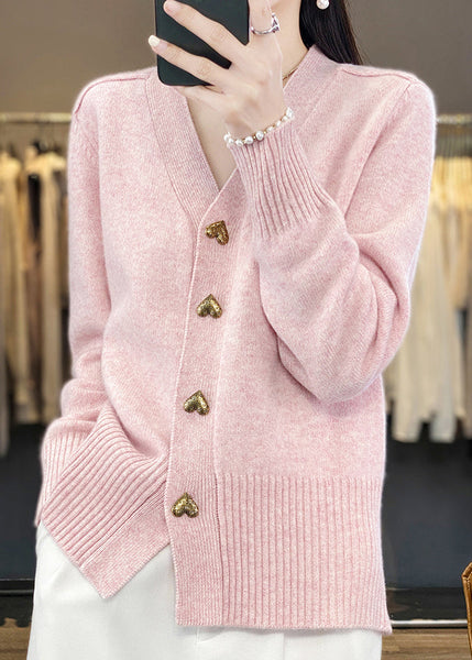 Pink Cozy Neck Coat Spring Button Simple Knit V FashionChic