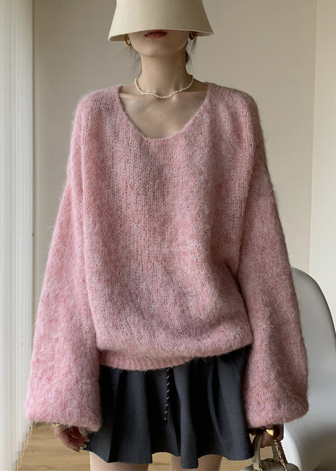Simple Pink V Neck Cozy Cotton Knit Sweaters Winter WY021 OM-OL241106