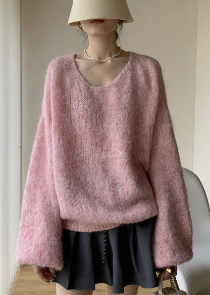 Simple Pink V Neck Cozy Cotton Knit Sweaters Winter WY021 OM-OL241106