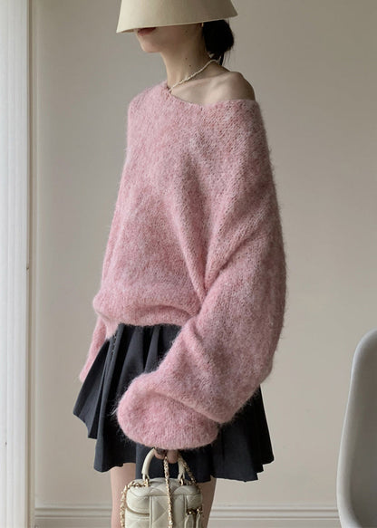 Simple Pink V Neck Cozy Cotton Knit Sweaters Winter WY021 OM-OL241106