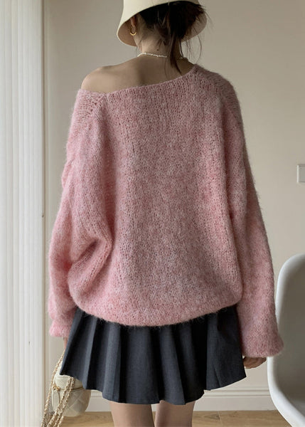 Simple Pink V Neck Cozy Cotton Knit Sweaters Winter WY021 OM-OL241106