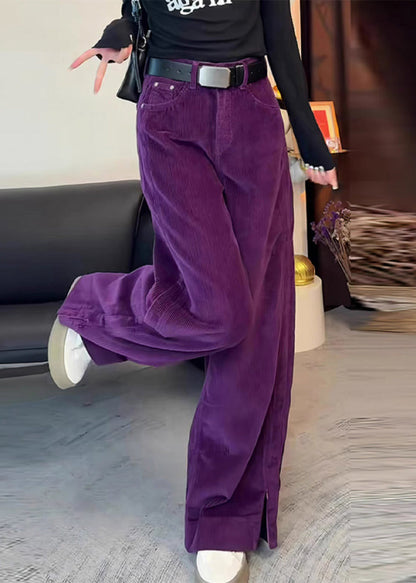 Simple Purple High Waist Side Open Corduroy Straight Pants Spring MZF-LPTS250315