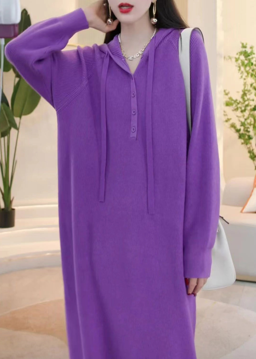 Simple Purple Hooded Button Solid Knit Sweater Dress Winter WM023 ABC