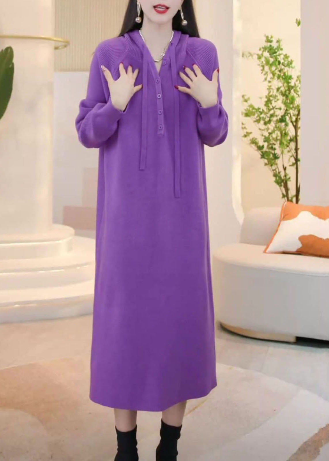 Simple Purple Hooded Button Solid Knit Sweater Dress Winter WM023 ABC