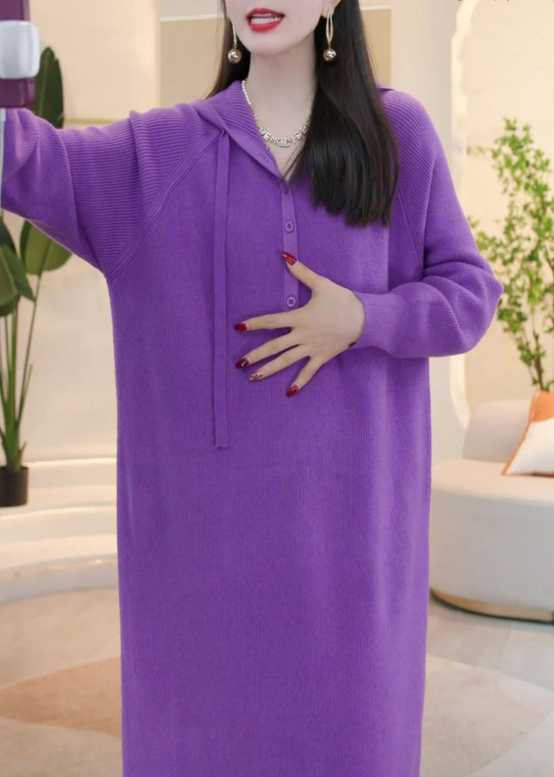 Simple Purple Hooded Button Solid Knit Sweater Dress Winter WM023 ABC