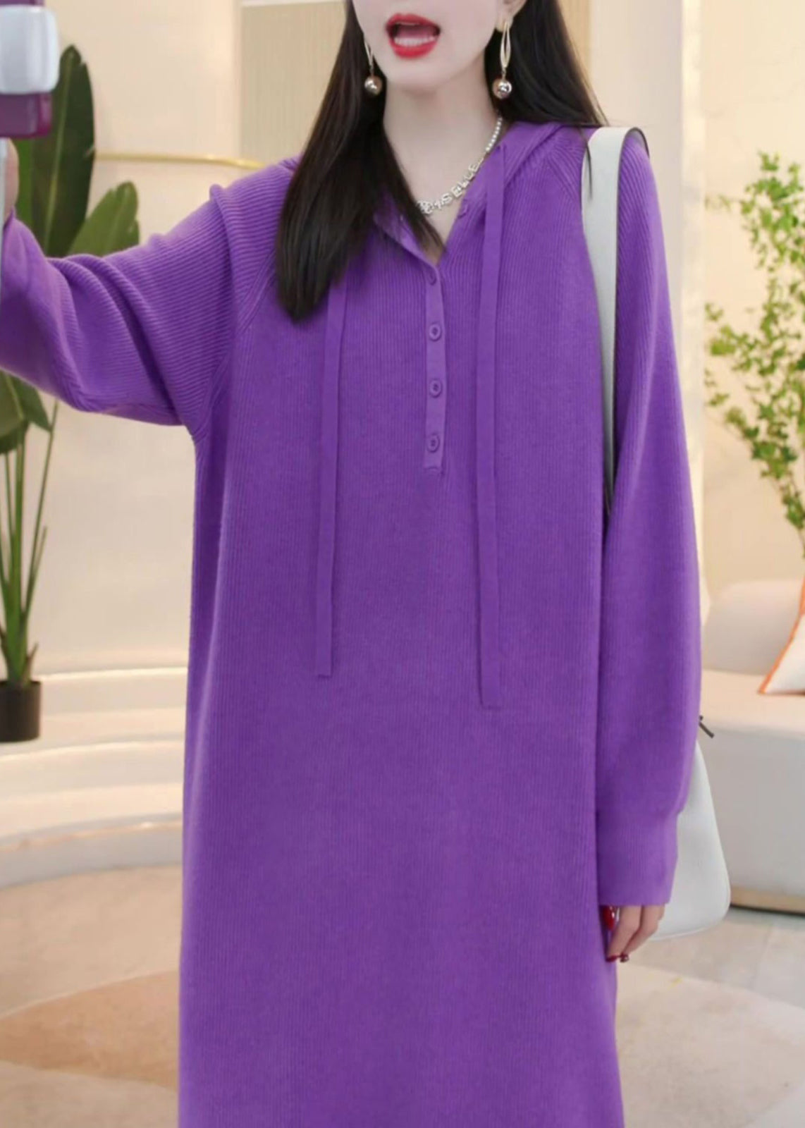 Simple Purple Hooded Button Solid Knit Sweater Dress Winter WM023 ABC