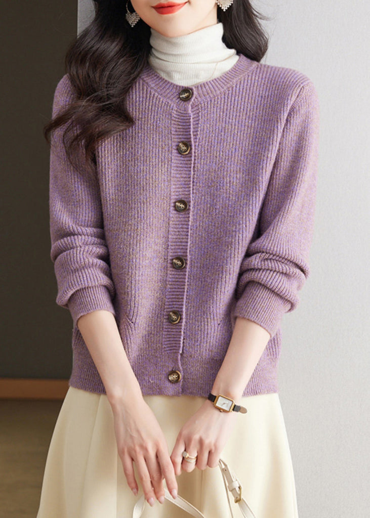 Simple Purple O Neck Button Knit Cardigan Fall QS001 OM-BB241010