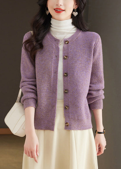 Simple Purple O Neck Button Knit Cardigan Fall QS001 OM-BB241010