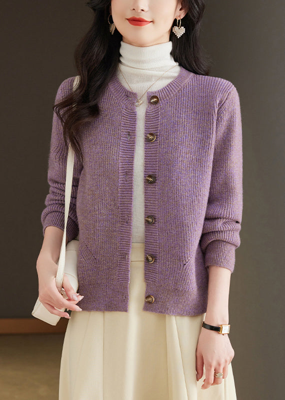 Simple Purple O Neck Button Knit Cardigan Fall QS001 OM-BB241010