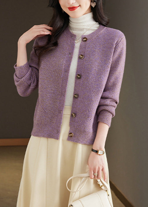 Simple Purple O Neck Button Knit Cardigan Fall QS001 OM-BB241010