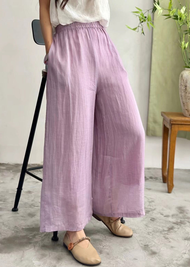 Simple Purple Pockets Elastic Waist Linen Wide Leg Pants Summer JH035 MMDM-CPTS240717