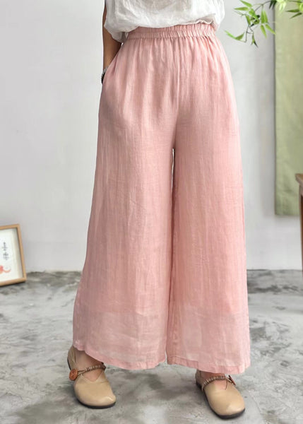 Simple Purple Pockets Elastic Waist Linen Wide Leg Pants Summer JH035 MMDM-CPTS240717