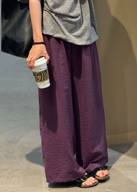 Elastic Leg Pants Wide Solid Waist Simple Fall Cotton Purple FashionChic