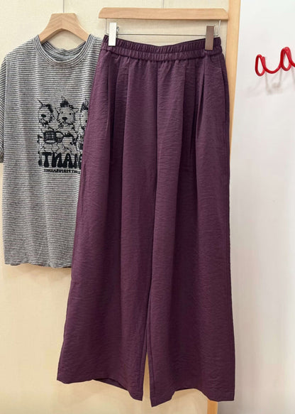 Elastic Leg Pants Wide Solid Waist Simple Fall Cotton Purple FashionChic