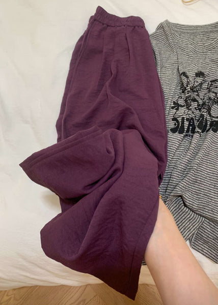 Elastic Leg Pants Wide Solid Waist Simple Fall Cotton Purple FashionChic