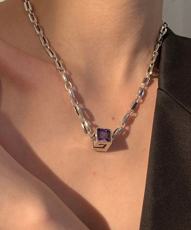 Simple Purple Sterling Silver Crystal Pendant Necklace KX1005 Ada Fashion