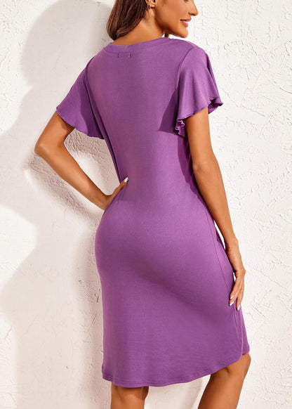 Cotton Purple Button V Summer Dress Pajamas Simple Neck FashionChic