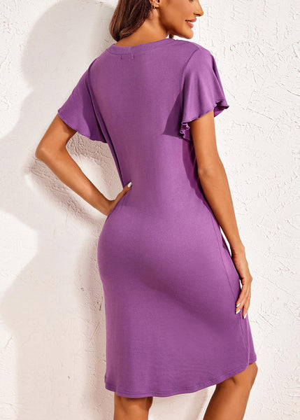 Cotton Purple Button V Summer Dress Pajamas Simple Neck FashionChic