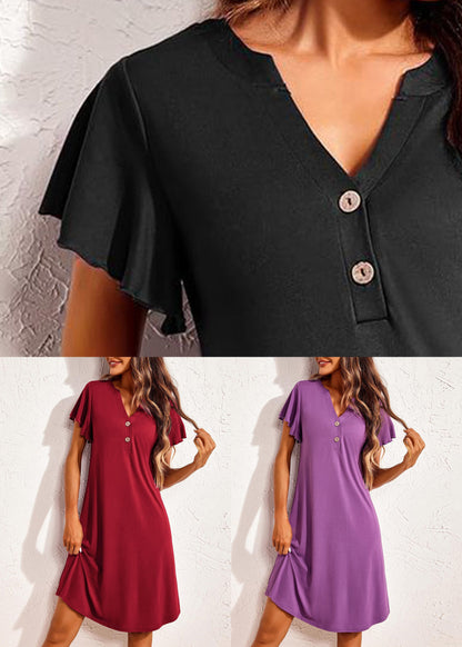 Cotton Purple Button V Summer Dress Pajamas Simple Neck FashionChic