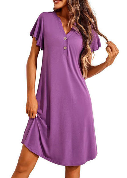 Cotton Purple Button V Summer Dress Pajamas Simple Neck FashionChic