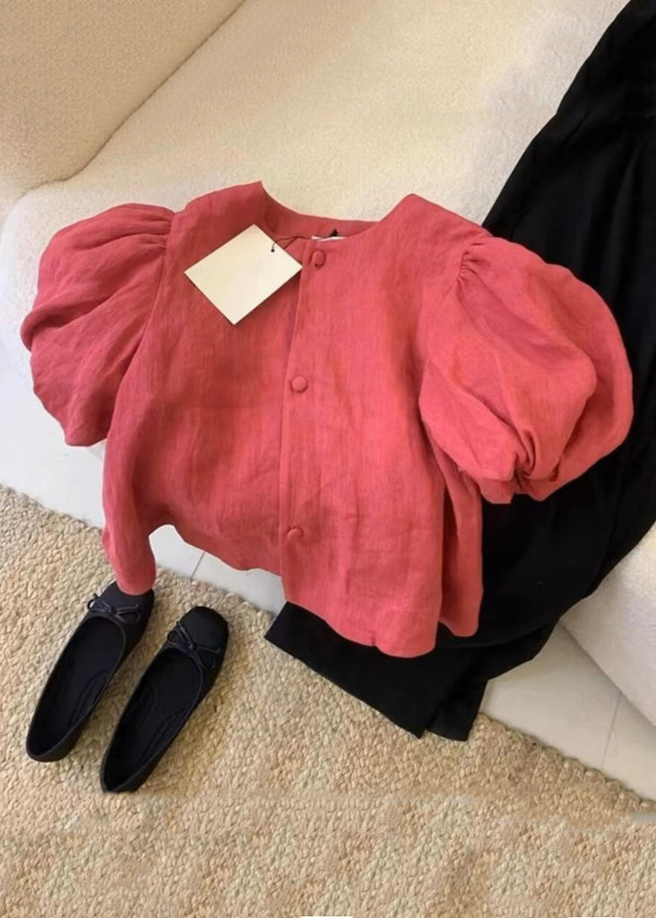 Simple Red Button O-Neck Patchwork Cotton Shirts Puff Sleeve AL1029 Genistyle Shop